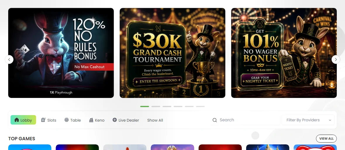 Slotbunny Casino — 100% hasta 500 € + 100 giros gratis en tu primer depósito